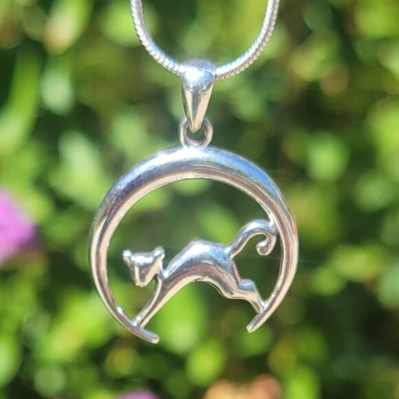 Cat Crescent Moon Charm Sterling Silver Pendant - Picture 3 of 3